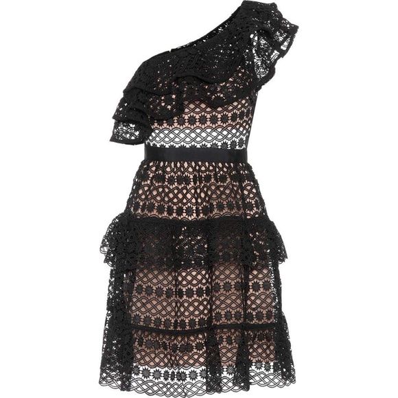 self portrait black guipure lace mini dress Self-Portrait Lace-Up Mini Dress Black Guipure Lace Size US 6 Bell Sle –  Celebrity Owned main image 1